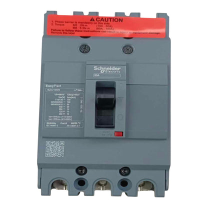 Schneider Electric EasyPact ELCB circuit breaker, model B2C10001, featuring a gray plastic housing, a central switch, and a prominent red warning label at the top.
