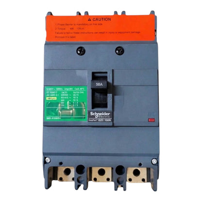 Schneider Electric EBD 100N circuit breaker with a dark gray plastic housing, an orange top handle cover, and a green technical specification label.