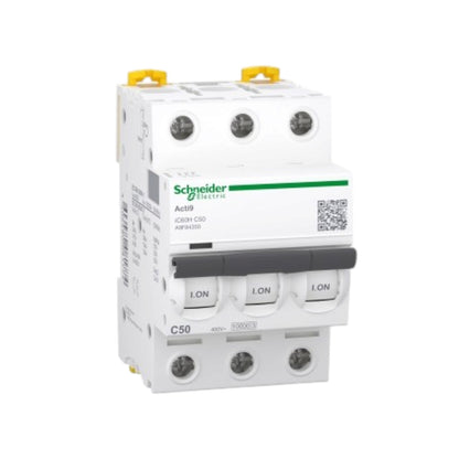 Schneider Electric AC50 circuit breaker module, model INFS0030, featuring a white plastic housing, a dark gray handle, and yellow terminal caps on a white background.
