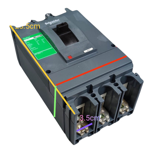 Schneider Electric industrial electrical contactor shown on a white background with yellow, green, red, and purple measurement lines and text indicating dimensions.