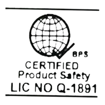 A black-and-white certification graphic with a globe icon, the text 'BPS', 'CERTIFIED Product Safety', and 'LIC NO Q-1891'.