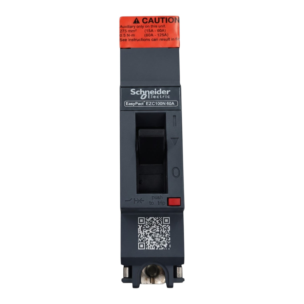 Schneider Electric EasyPart ELC12000 60A circuit breaker module with a black housing, orange warning label, and QR code on a white background.