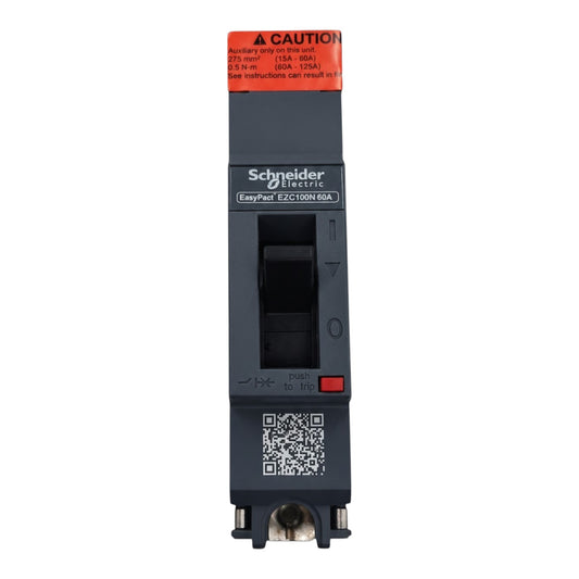 Schneider Electric EasyPart ELC12000 60A circuit breaker module with a black housing, orange warning label, and QR code on a white background.