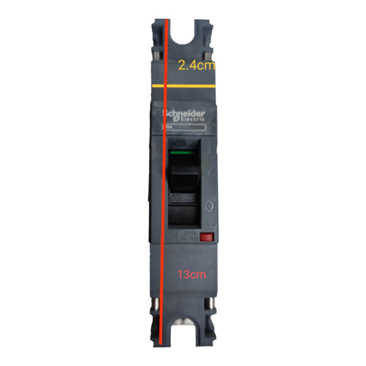 Schneider LIFETIME electrical contactor component with dimension overlays showing 2.4cm width and 13cm height on a white background.