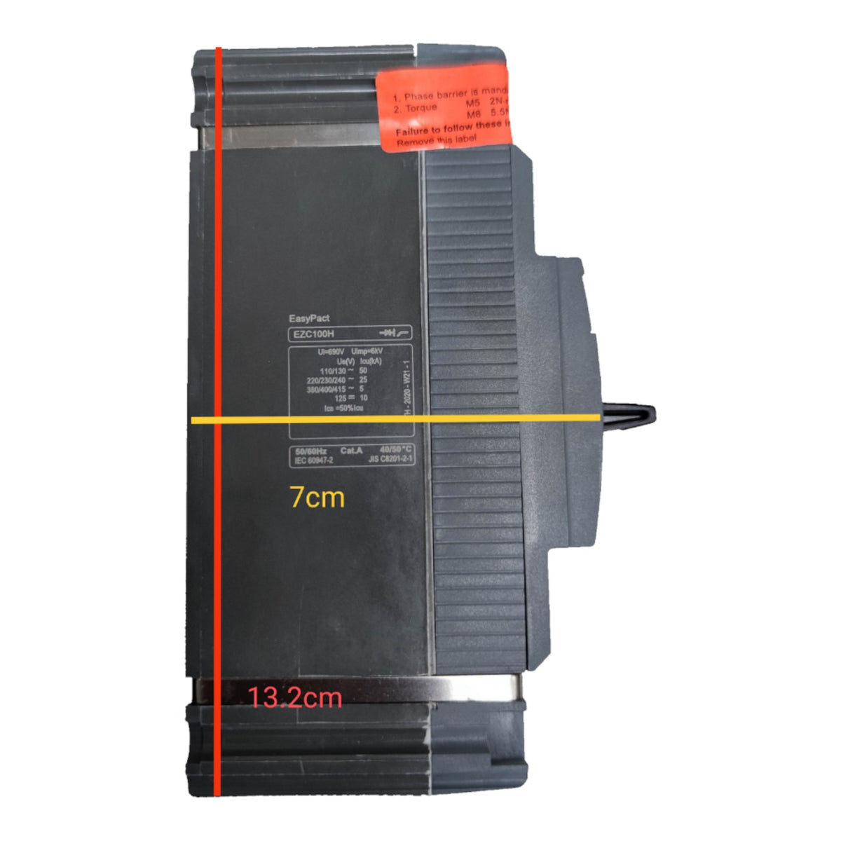 A black industrial electronic module shown on a white background with red, yellow, and black dimension lines and text indicating measurements of 7cm and 13.2cm.