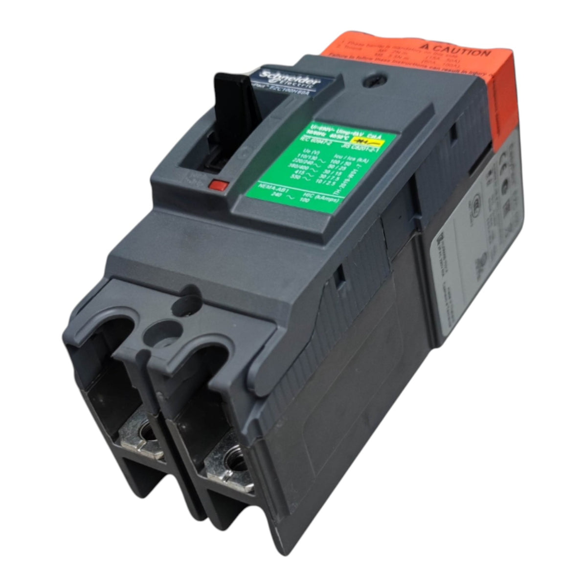 Schneider Electric QUINT 5000 AC 230V modular circuit breaker, model QSX 400, featuring a dark gray plastic housing, orange terminal cover, and green technical label.