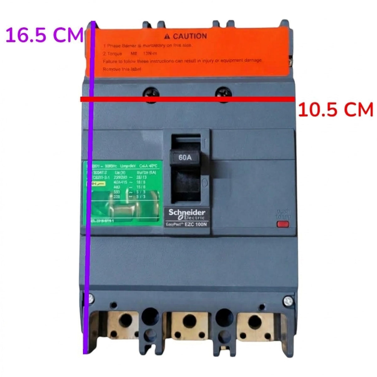 Schneider Electric ELC100N circuit breaker with dimension overlays showing 16.5 cm width and 10.