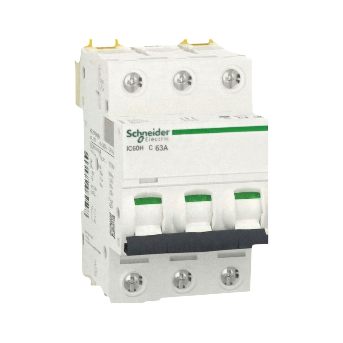 Schneider Electric industrial circuit breaker IC60H C 63A, white plastic housing with green accents, silver screw terminals, and a black pull handle, shown on a plain white background.