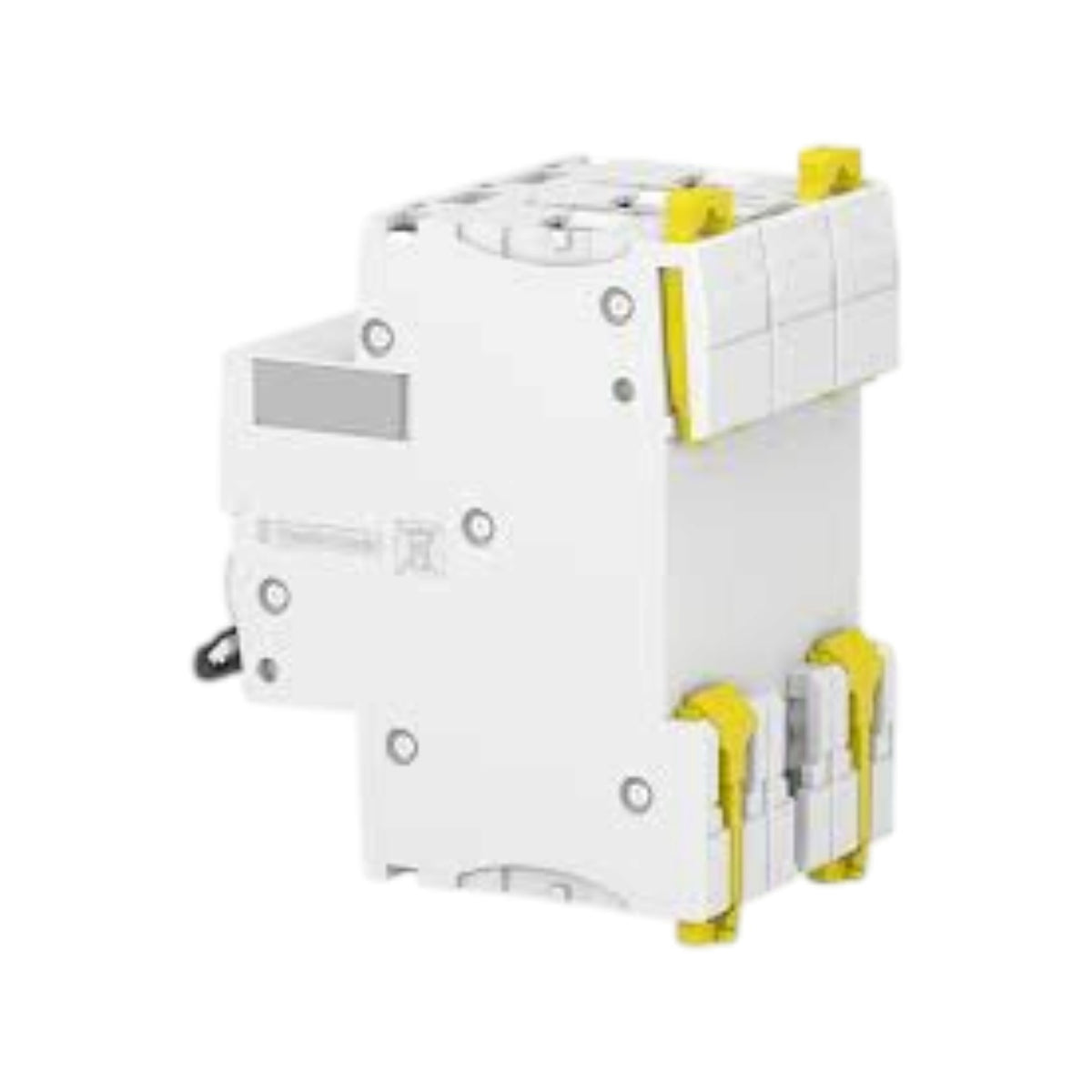A white electrical circuit breaker module with yellow safety terminals and a small gray label area, shown on a plain white background.