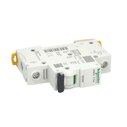Schneider Electric AC 230 V AC 2P modular circuit breaker with white plastic housing, yellow terminal caps, and a black switch handle.