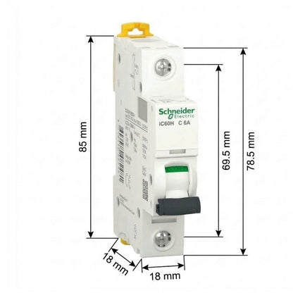 Schneider Electric ICG60H C6A circuit breaker with overlaid dimension lines and measurements (85 mm, 69.5 mm, 78.