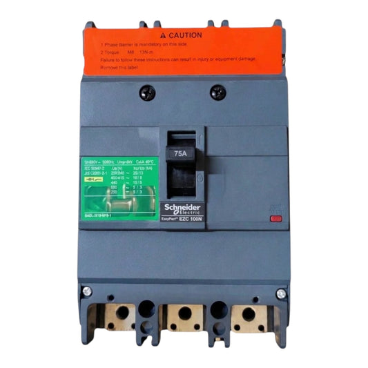 Schneider Electric ESD 100N circuit breaker with a gray plastic body, orange top protective cover, green technical specification label, and terminal blocks at the bottom, shown on a white background.