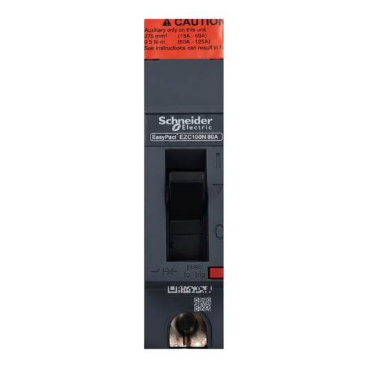 Schneider Electric EasyPart E2C100N 80A circuit breaker module with a dark gray body, orange warning label, black switch, and red trip button on a white background.