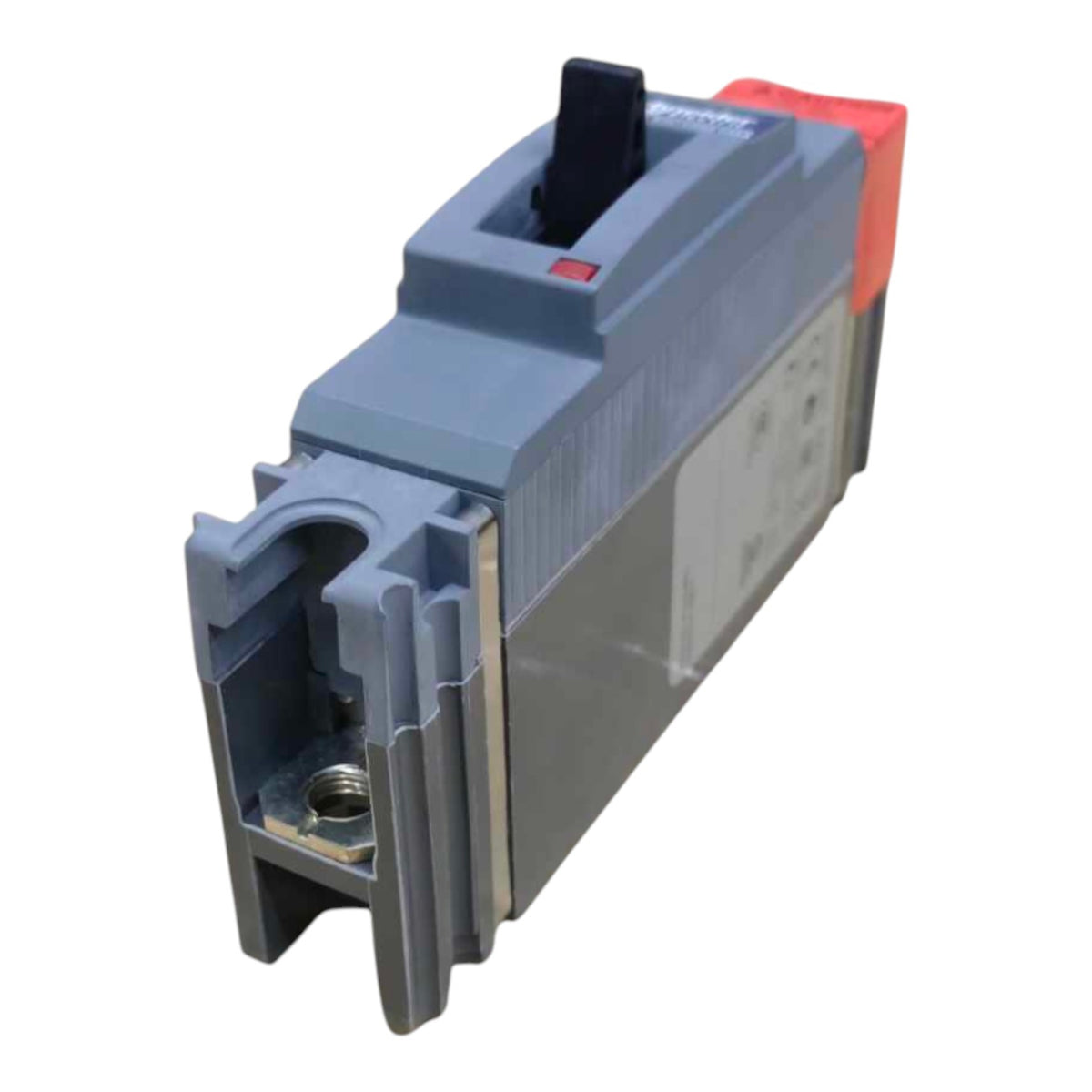 A gray electrical terminal block connector with a black lever and a red protective cap, isolated on a white background.