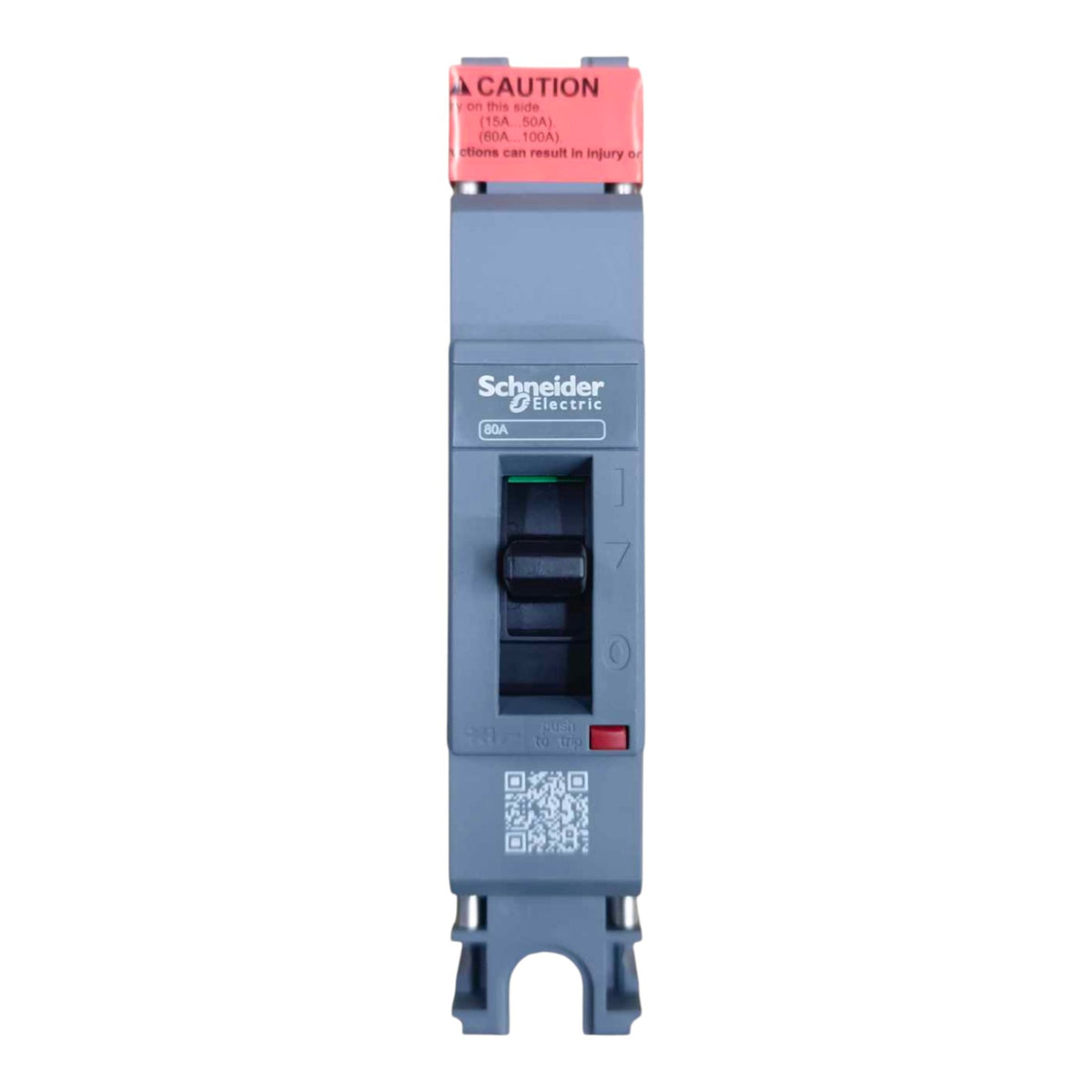 Schneider Electric 6A modular circuit breaker with a gray body, black switch, red caution label, and blue terminal blocks, shown on a white background.