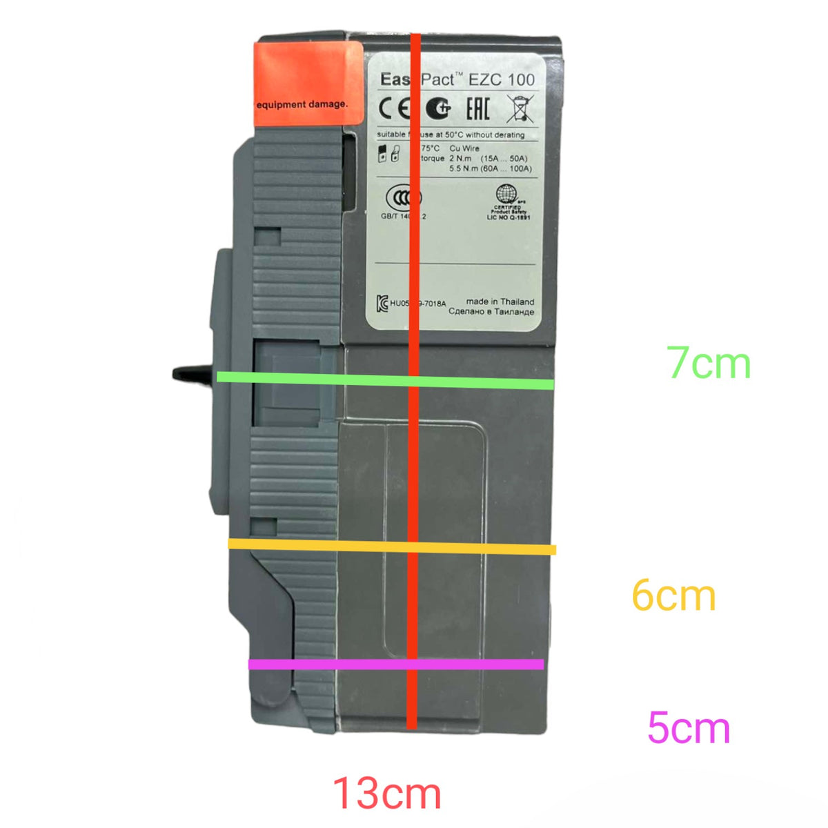 A Schneider Electric EasyPact E2C 100 modular electrical contact block with overlaid dimension lines and measurements (7cm, 6cm, 5cm, 13cm) indicating width and height dimensions.