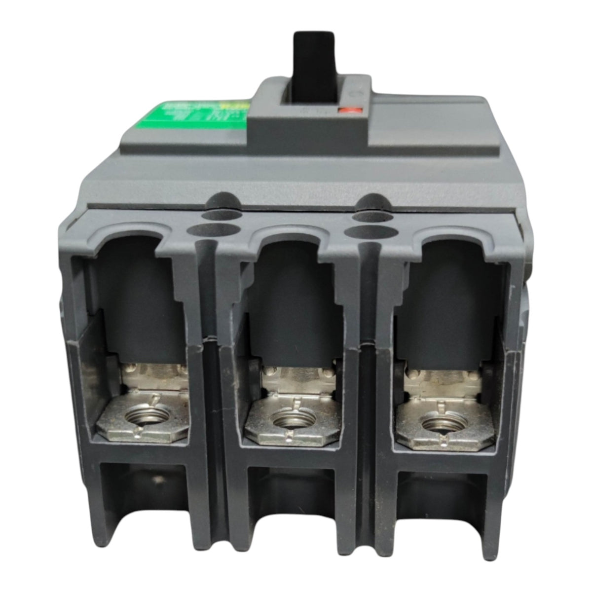 A three-pole industrial electrical circuit breaker with a gray plastic housing, three open terminal compartments, and a black top handle, shown on a plain white background.