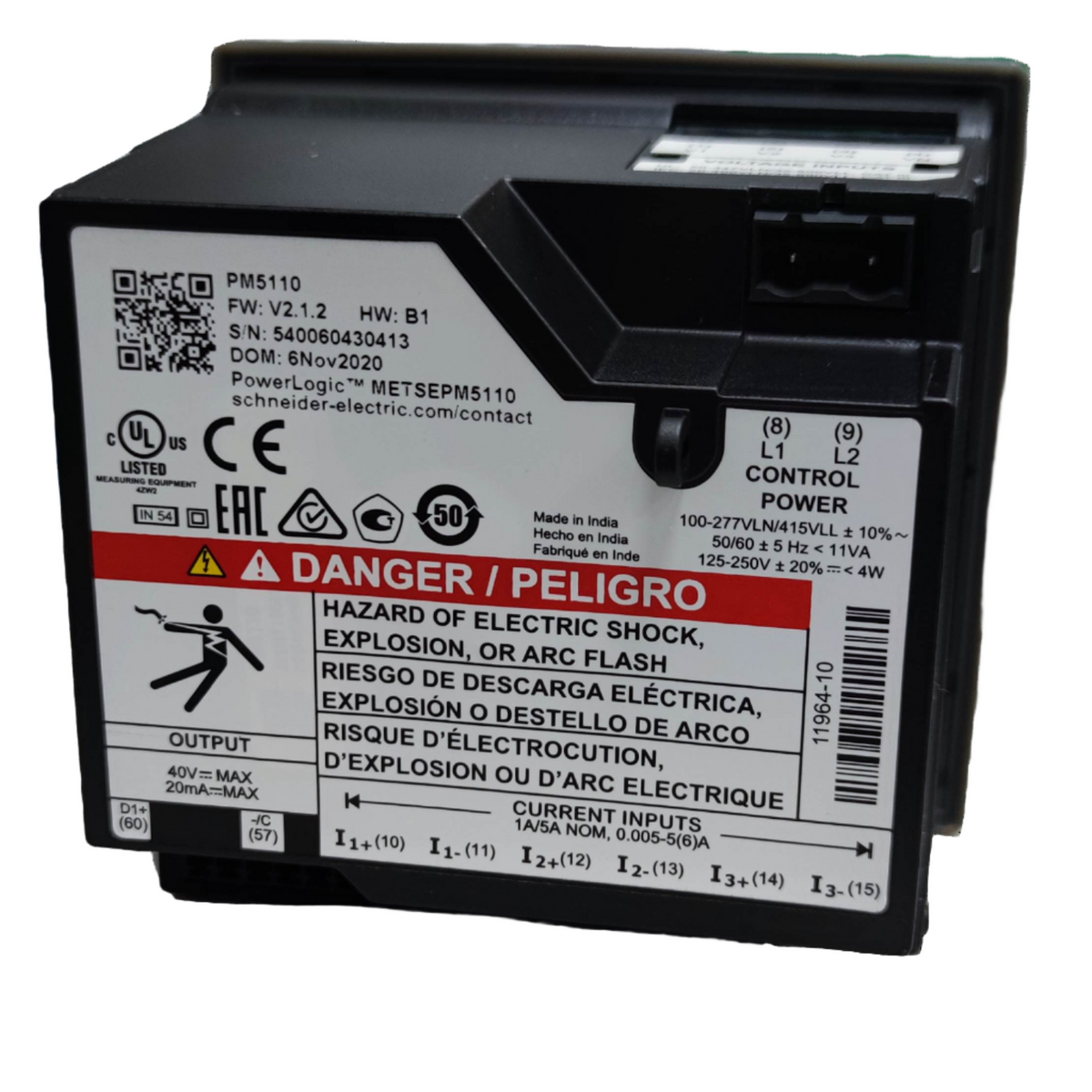 Schneider digital power meter with warning label for electric shock hazards and control power inputs