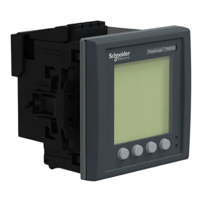 Schneider Electric PowerLogic PM5500 industrial electronic module with a dark gray faceplate, light green display screen, and four gray buttons, shown on a white background.