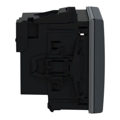 A close-up side view of a black electrical switch module or socket component, showing its internal mounting structure and front plate, isolated on a white background.