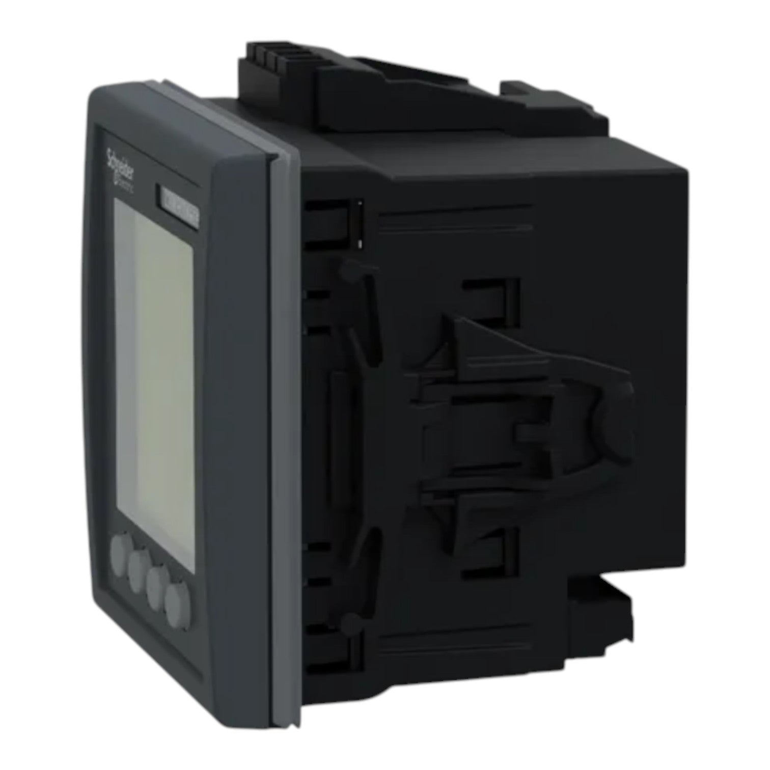 Schneider Electric industrial electrical module with a front display screen and four buttons, shown at an angle on a white background.
