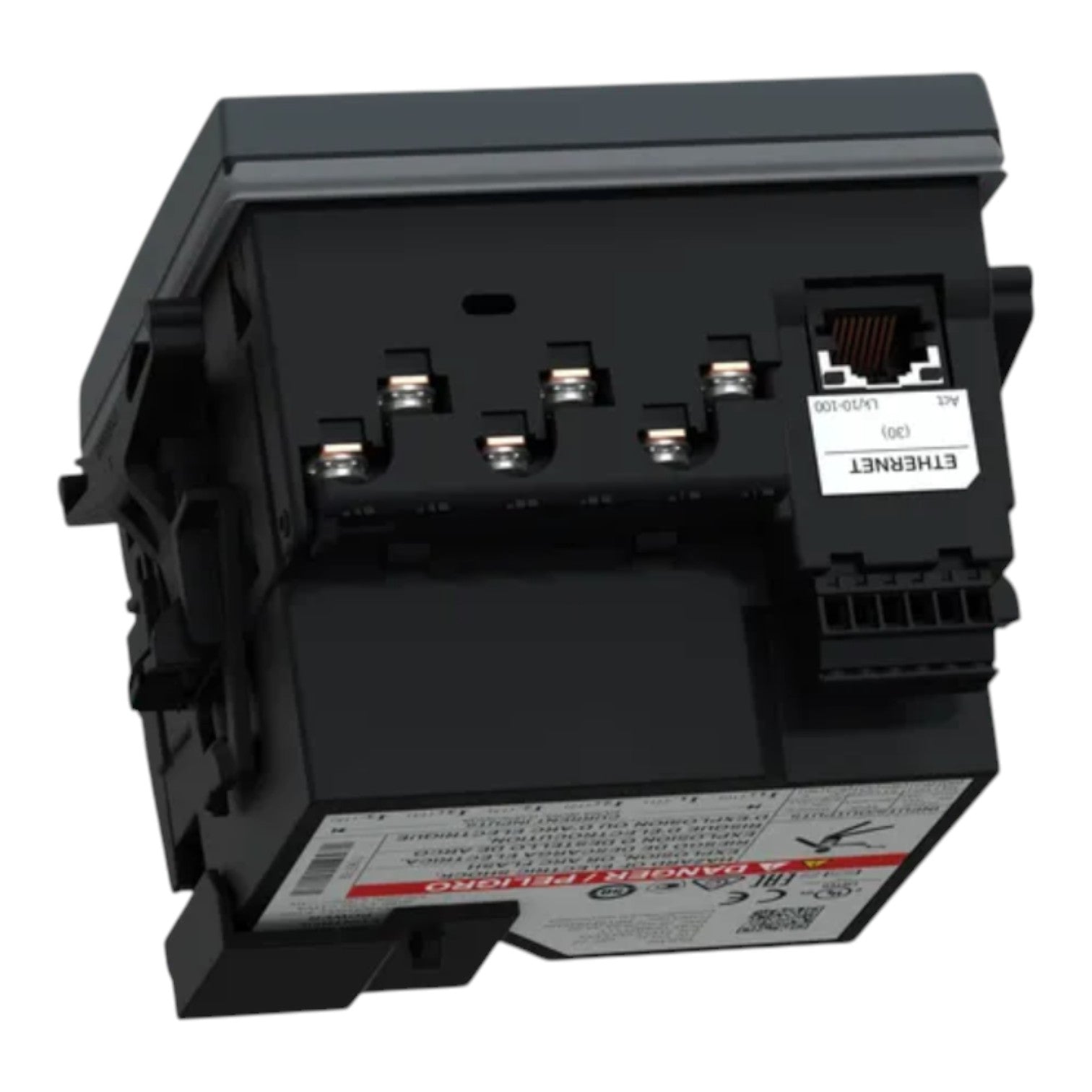 A black industrial electrical module with an RJ45 Ethernet port, terminal blocks, and printed technical labels, photographed on a plain white background.