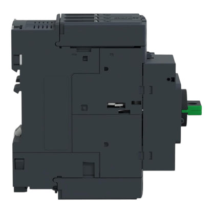 A dark gray electrical component or module with a small green terminal detail on the right side, shown against a plain white background.