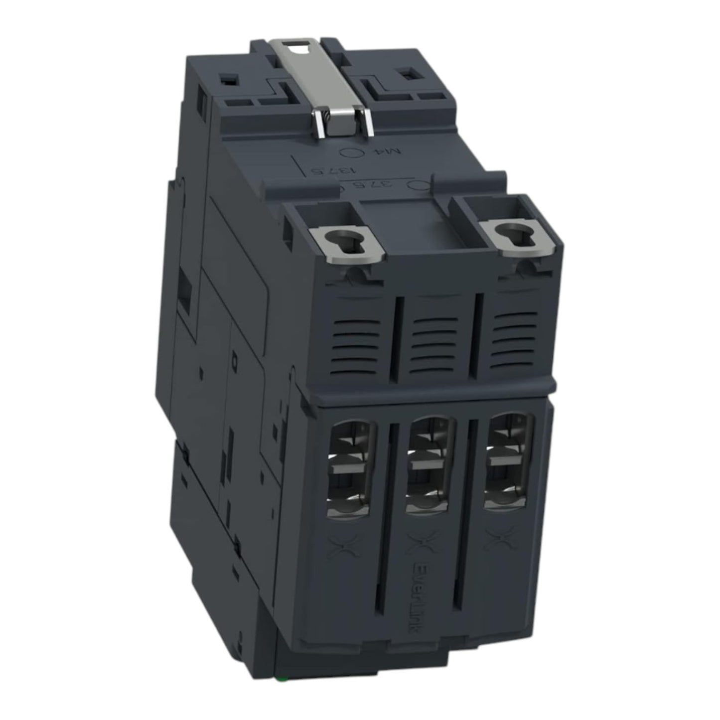 A dark gray modular electrical contactor or relay component with terminal blocks and a metal connection piece, shown on a plain white background.