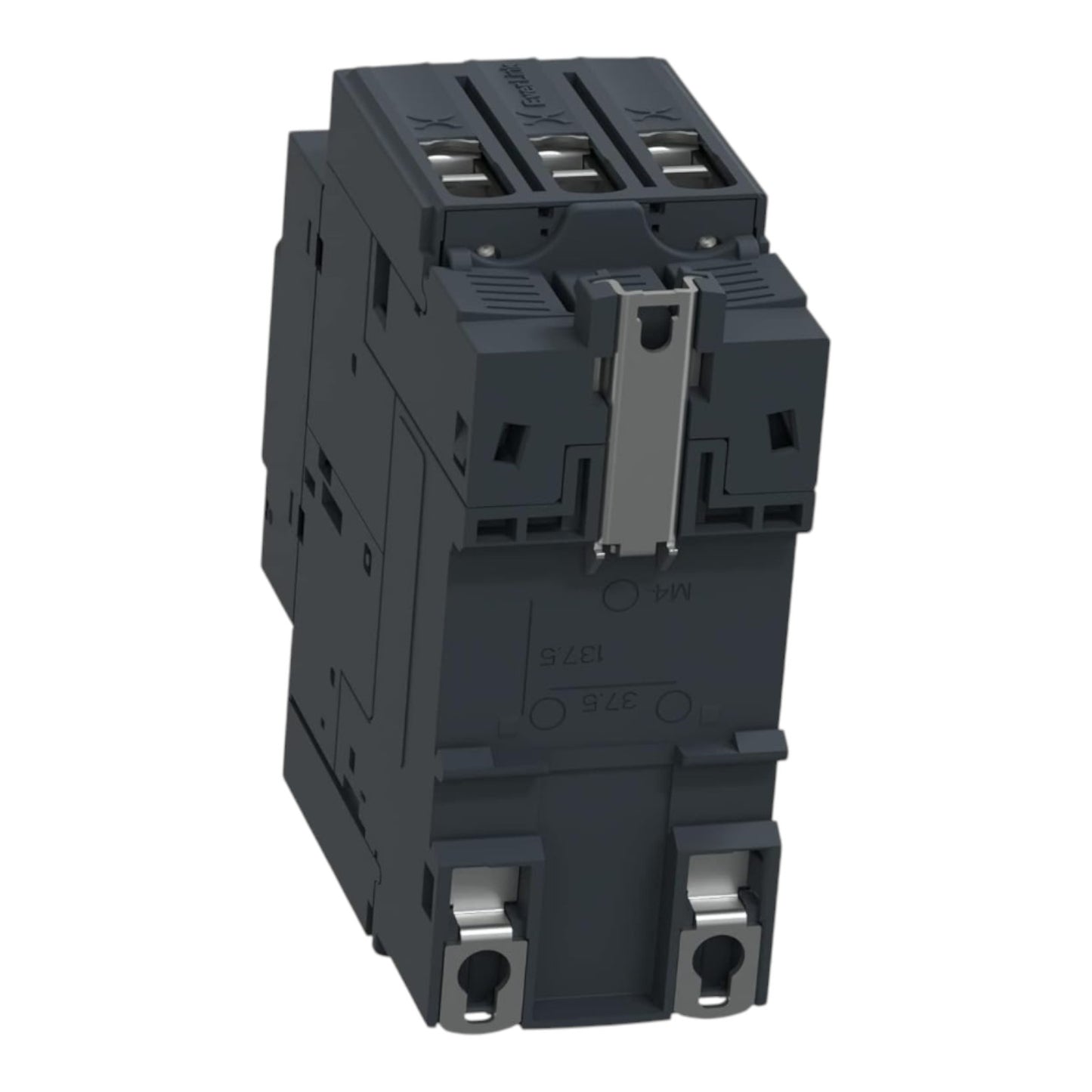 A dark gray industrial electrical contactor or relay component with silver metal terminal screws, shown on a plain white background.
