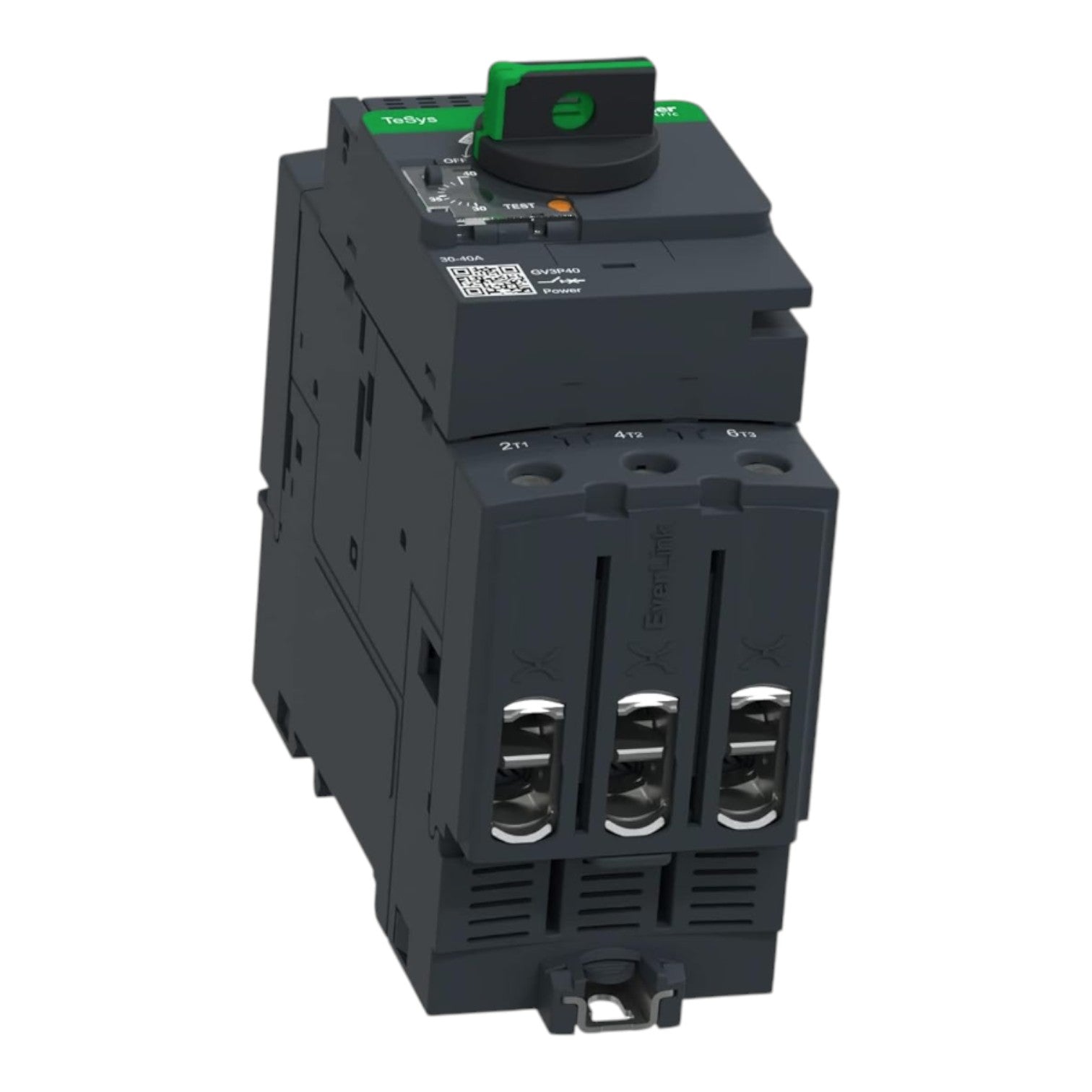 A dark gray modular electrical contactor with a green and black rotary switch on top, featuring three terminal blocks on the front face, shown against a plain white background.