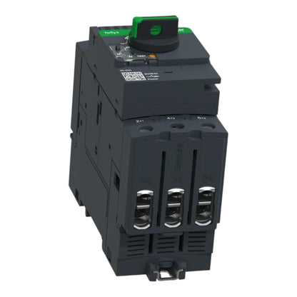 A dark gray modular electrical contactor with a green and black rotary switch on top, featuring three terminal blocks on the front face, shown against a plain white background.