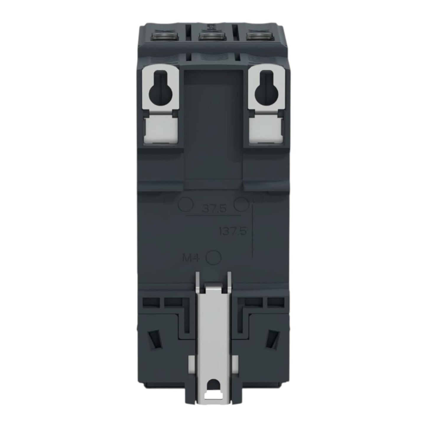 A dark gray electrical contactor or relay component with silver metal terminal blocks and a central handle, shown against a plain white background.