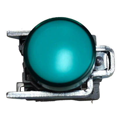 A single round push-button switch with a translucent teal-green lens and a silver metal housing, shown against a plain white background.