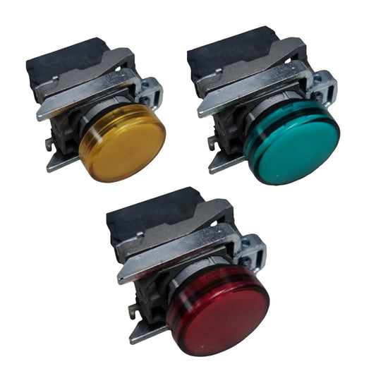 Three industrial push-button switches with metallic bodies and colored circular faces, shown on a plain white background. The top-left button has a gold face, the top-right has a teal-green face, and the bottom-left has a red face.