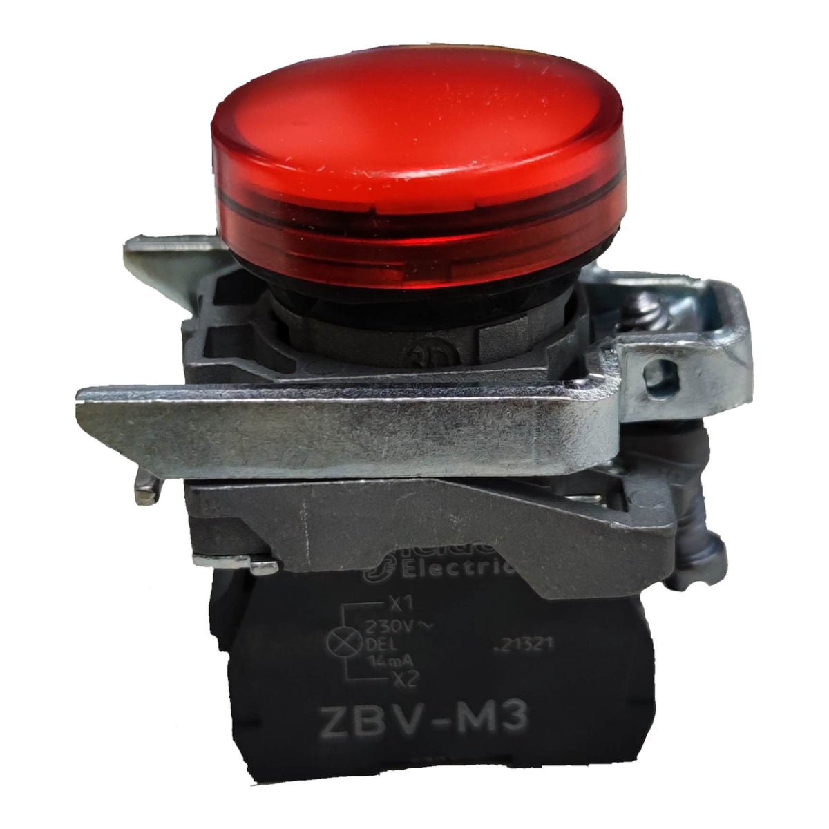 A red push-button relay with a black base and a silver metal mounting bracket, featuring printed markings including 'Del' and 'ZBV-M3'.