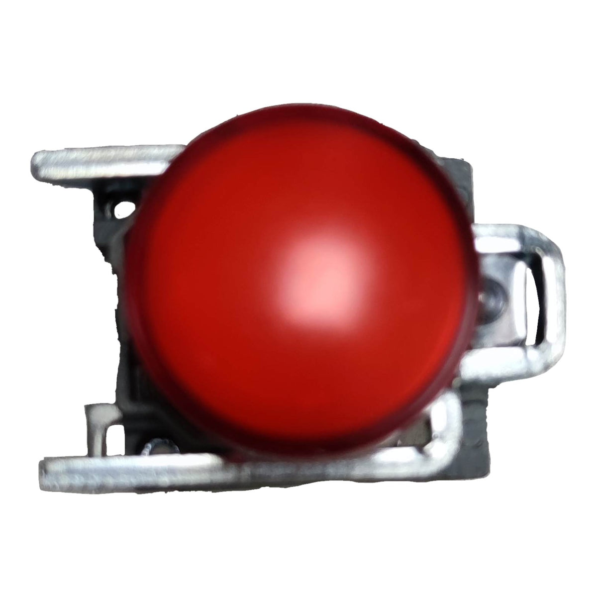 A red circular button with a silver metal mounting bracket, isolated on a white background.