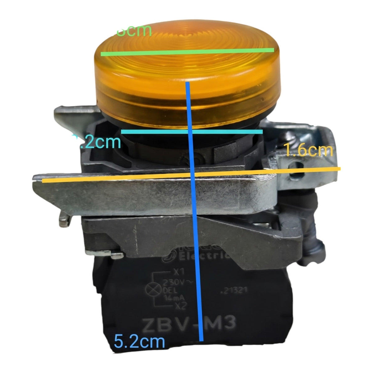 A small industrial electrical push-button component with a translucent amber top, black base, and silver metal housing, overlaid with colored dimension lines and measurements including 5.2cm, 1.