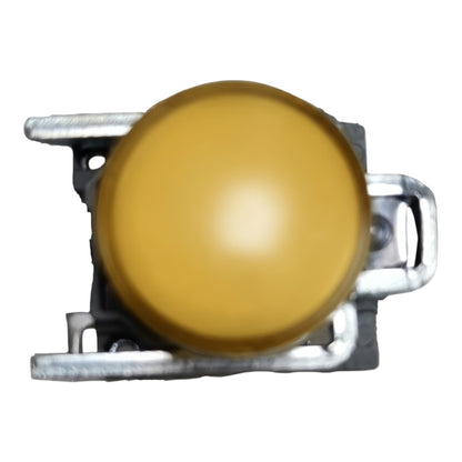 A round yellow push-button switch with a silver metal mounting bracket, shown against a plain white background.