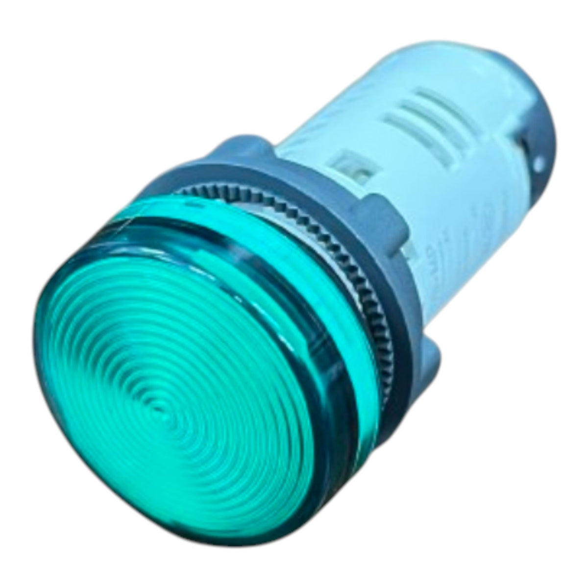 A cylindrical industrial indicator light with a translucent teal-green lens and a light blue-gray plastic body, shown on a plain white background.