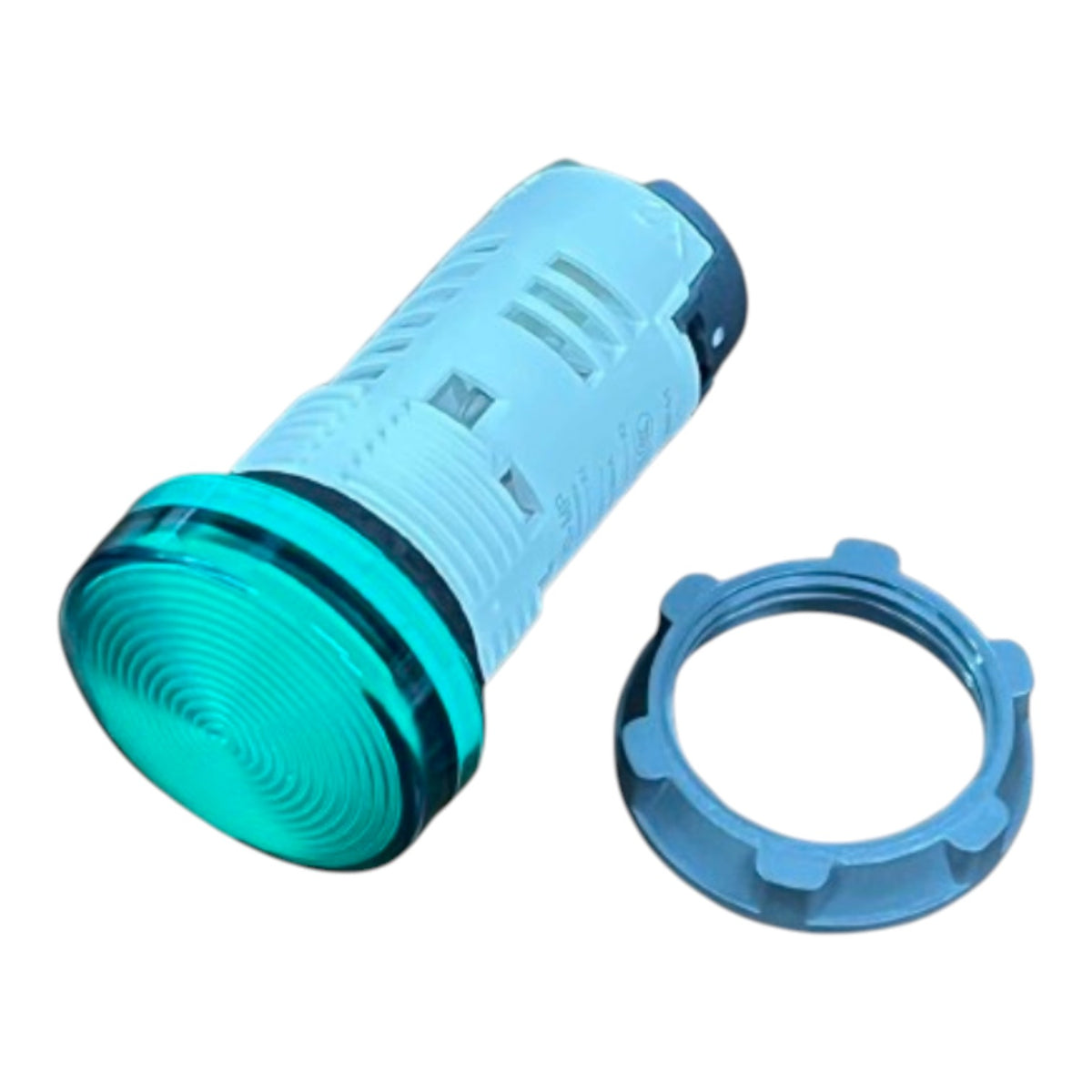 A light blue plastic cylindrical component with a translucent teal circular front lens, shown alongside a matching blue threaded ring on a plain white background.