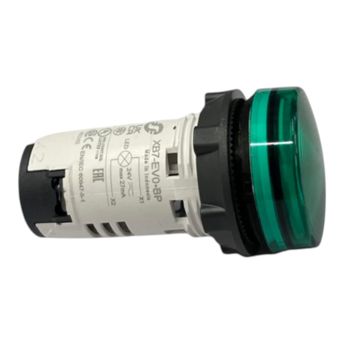 An industrial push-button indicator light with a white printed housing, a black base, and a translucent green lens on a white background.