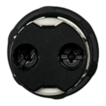 A close-up of a circular black plastic component with two screw holes and a white inner ring, isolated on a white background.