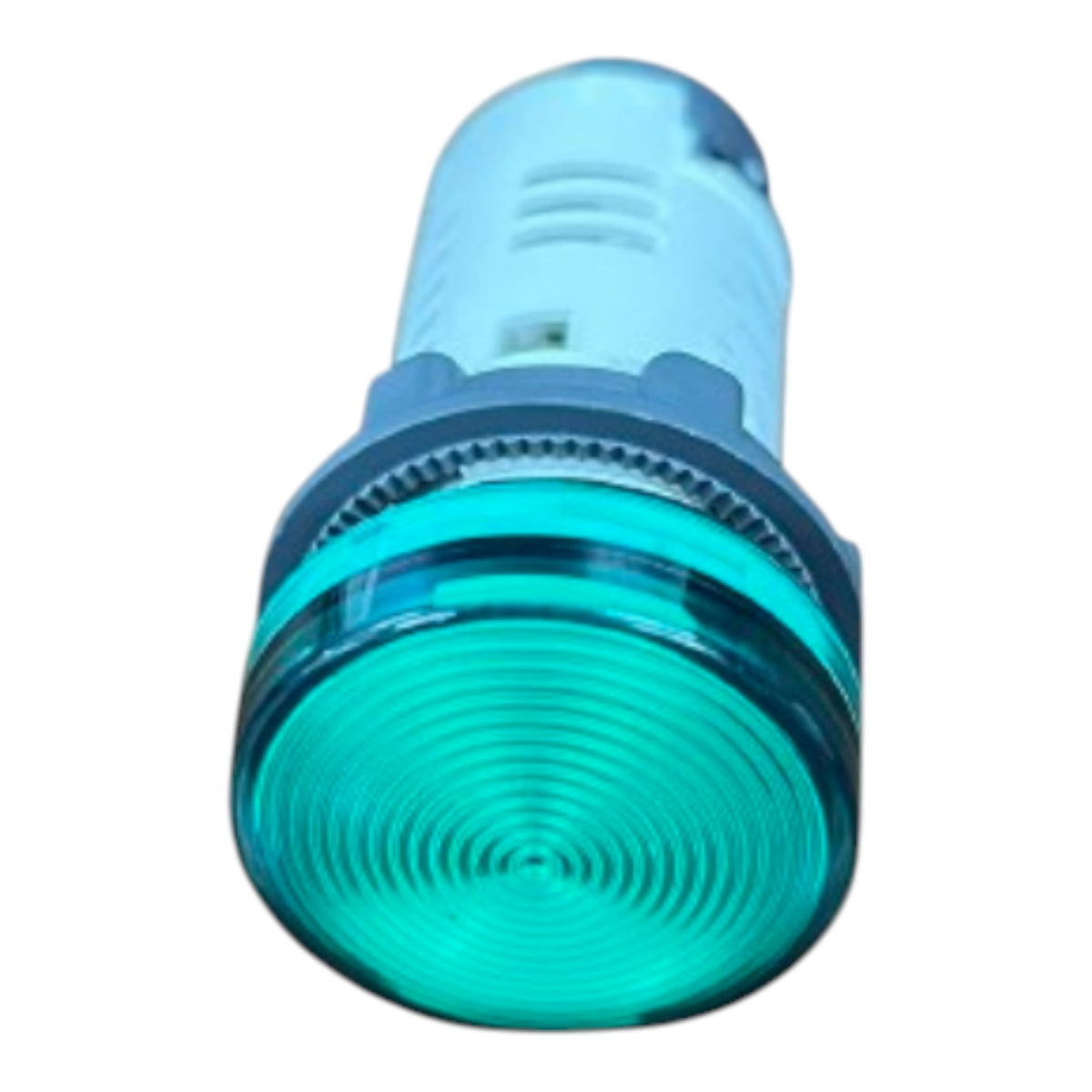 A cylindrical industrial indicator light with a translucent aqua-green lens and a light blue plastic body, isolated on a white background.