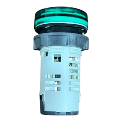 A cylindrical plastic filter basket or strainer component with a translucent green top ring and a white body, isolated on a white background.