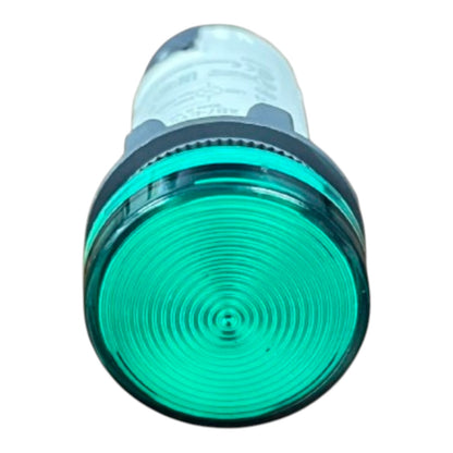 A green industrial indicator light with a ribbed circular lens and a clear cylindrical body, shown against a plain white background.