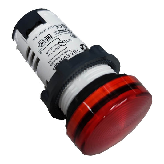 An industrial LED push-button indicator light with a red lens, black plastic housing, and a white printed label showing technical specifications.