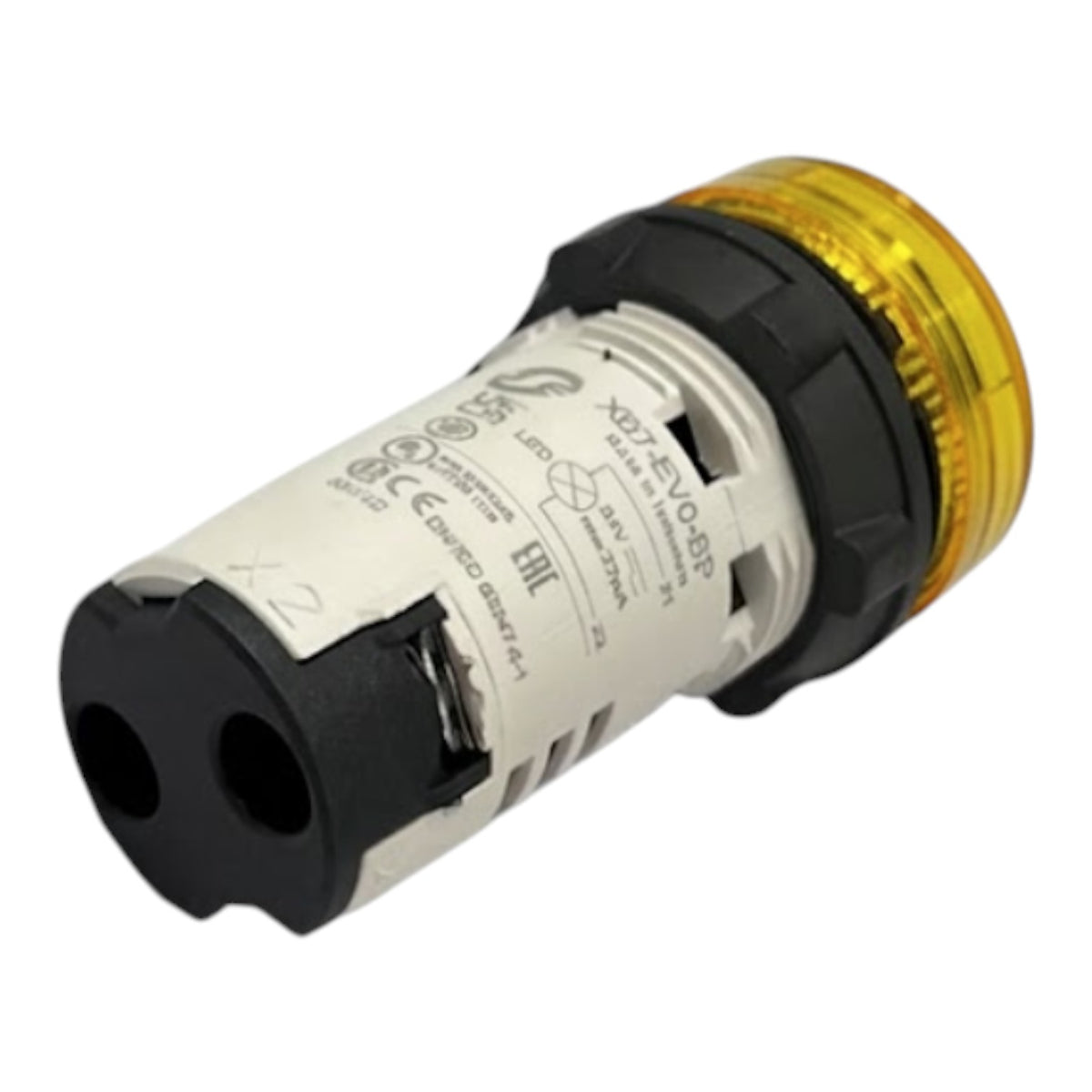 A marine LED navigation light with a white body, black front lens, and a translucent amber-yellow rear lens, shown on a white background.
