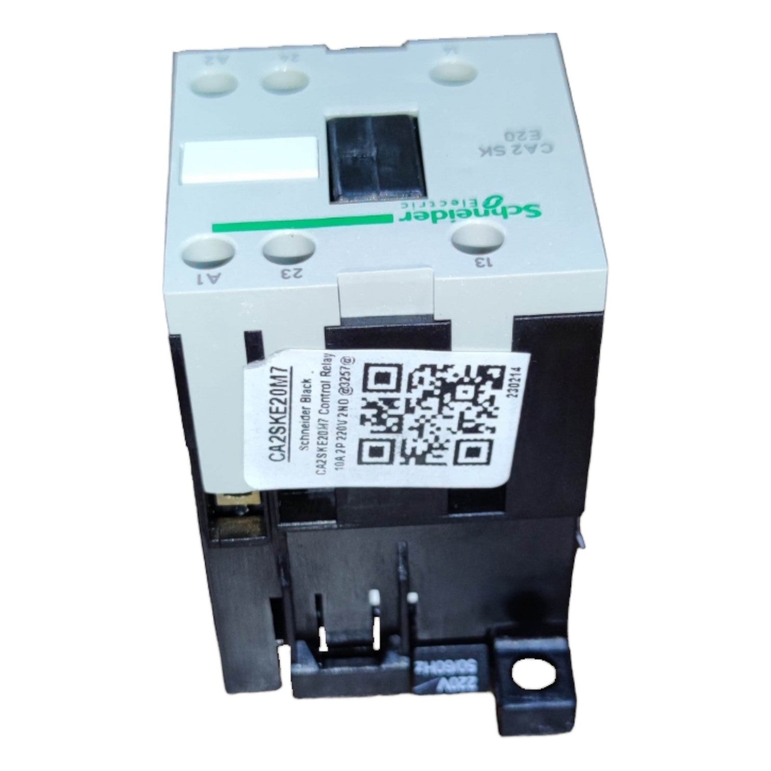 Electrical contactor with a QR code label on a white background