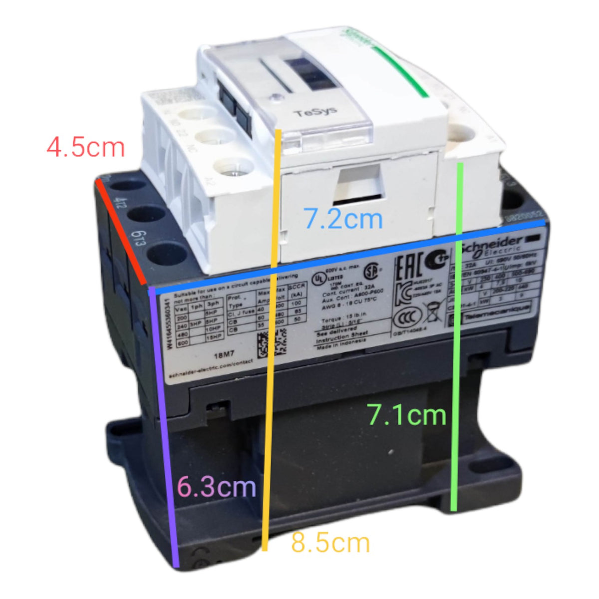 Electrical contactor with dimensions labeled on a white background