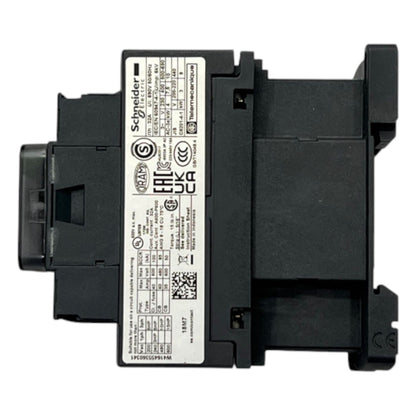 Black electrical component with visible branding on a white background